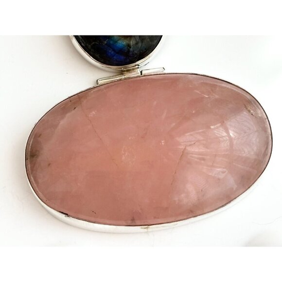 Rose Quartz & Labradorite Semi-Precious Gemstone Sterling 925 Vintage Pendant - Picture 2 of 10